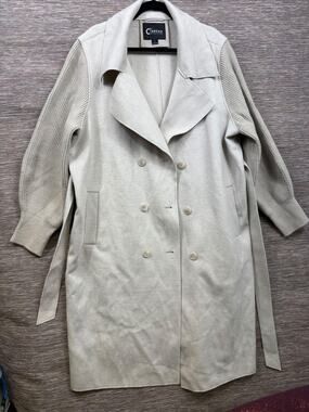 Thread Collective Coat Womens 1X Beige Long Knit Trench Belted Button Pockets